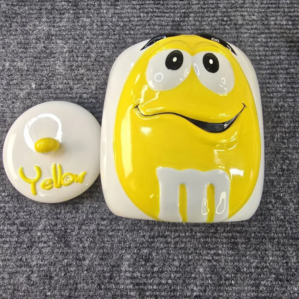 2003 Galerie Yellow M & M Ceramic Cookie Candy Jar Vintage Canister w/ Lid READ